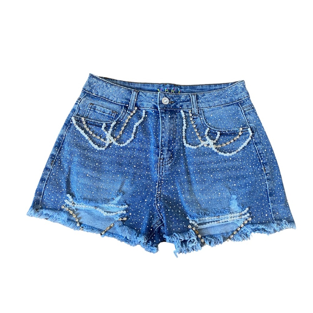 Pearl and Rhinestone Embellished Denim Shorts